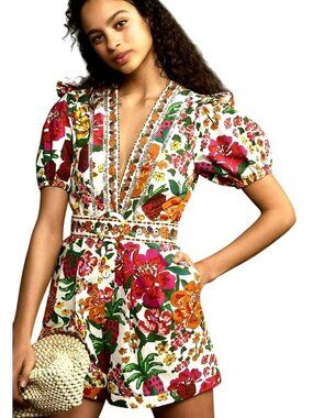 Anthropologie Farm Rio Flowerful Printed Romper Shorts Belt Small New